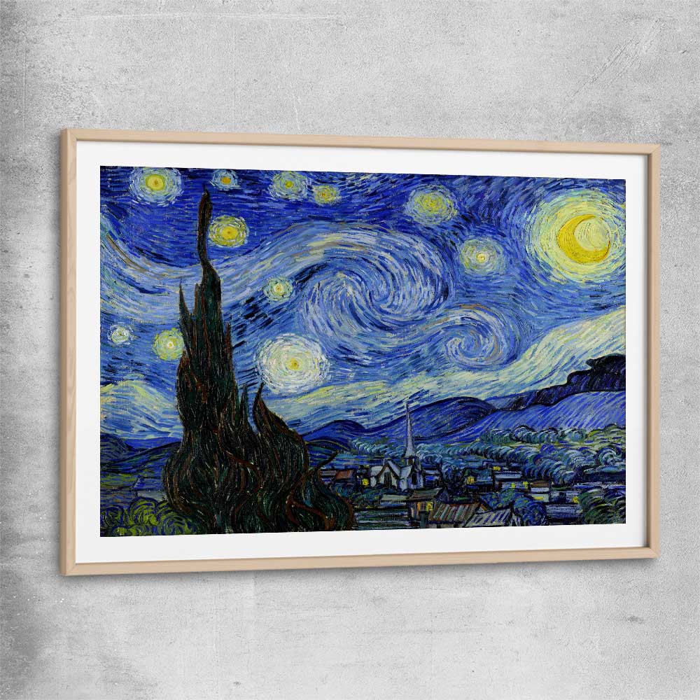 Classic wall art and canvas print of Starry Night Van Gogh with raw oak glass front frame