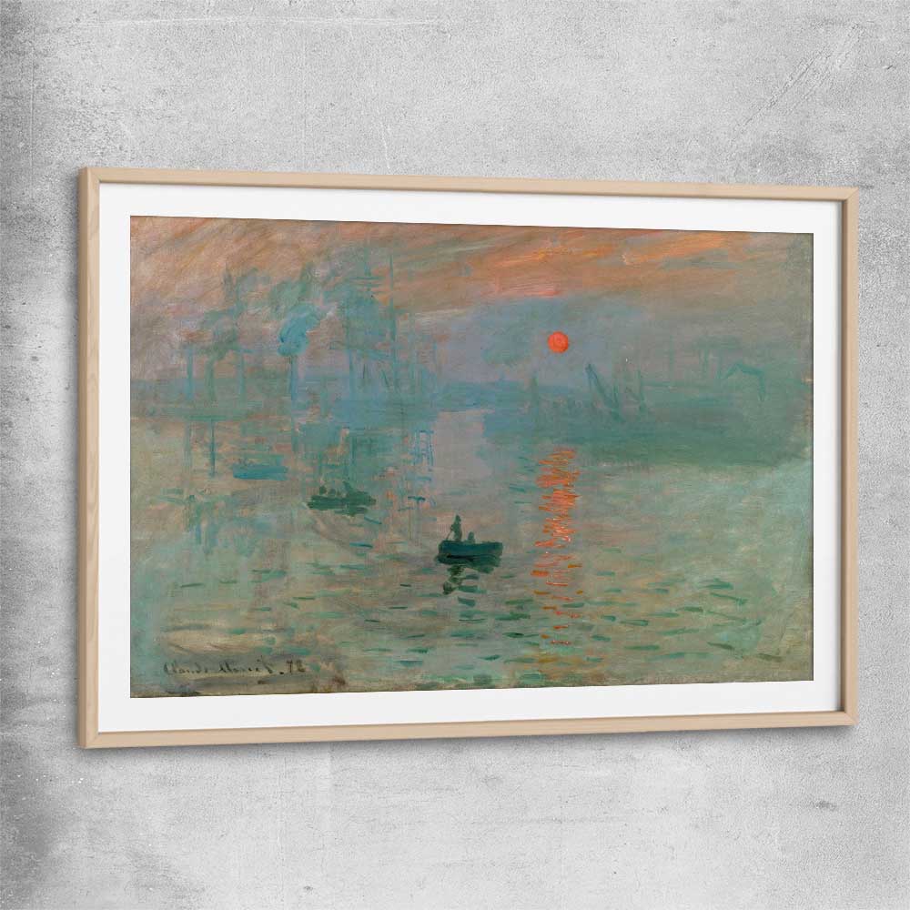 Classic wall art and canvas print of Sunrise Claude Monet with raw oak glass front frame