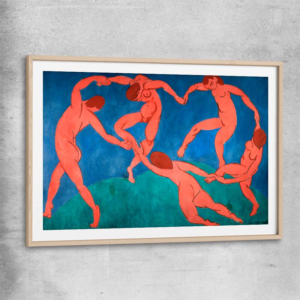 Classic wall art and canvas print of The Dance Henri Matisse with raw oak glass front frame