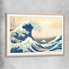 Classic wall art and canvas print of The Great Wave Hokusai with raw oak glass front frame