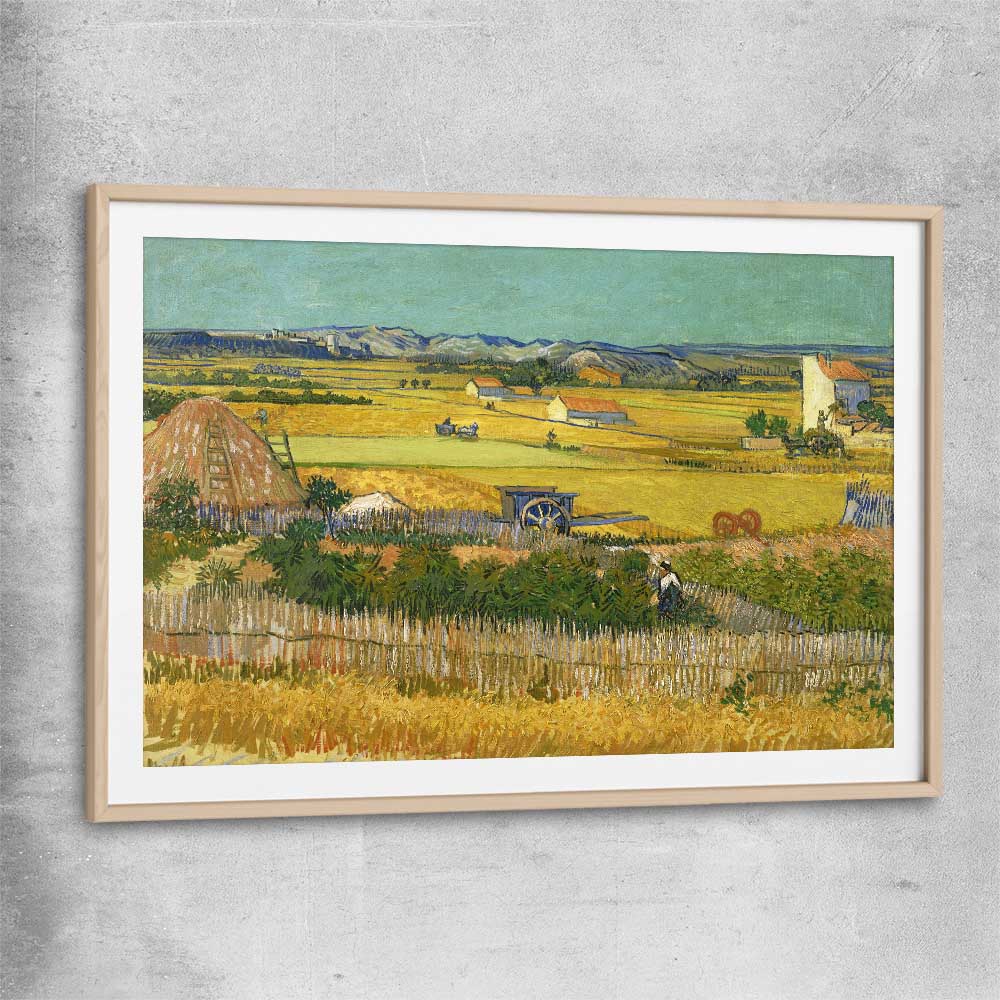 Classic wall art and canvas print of The Harvest Van Gogh with raw oak glass front frame