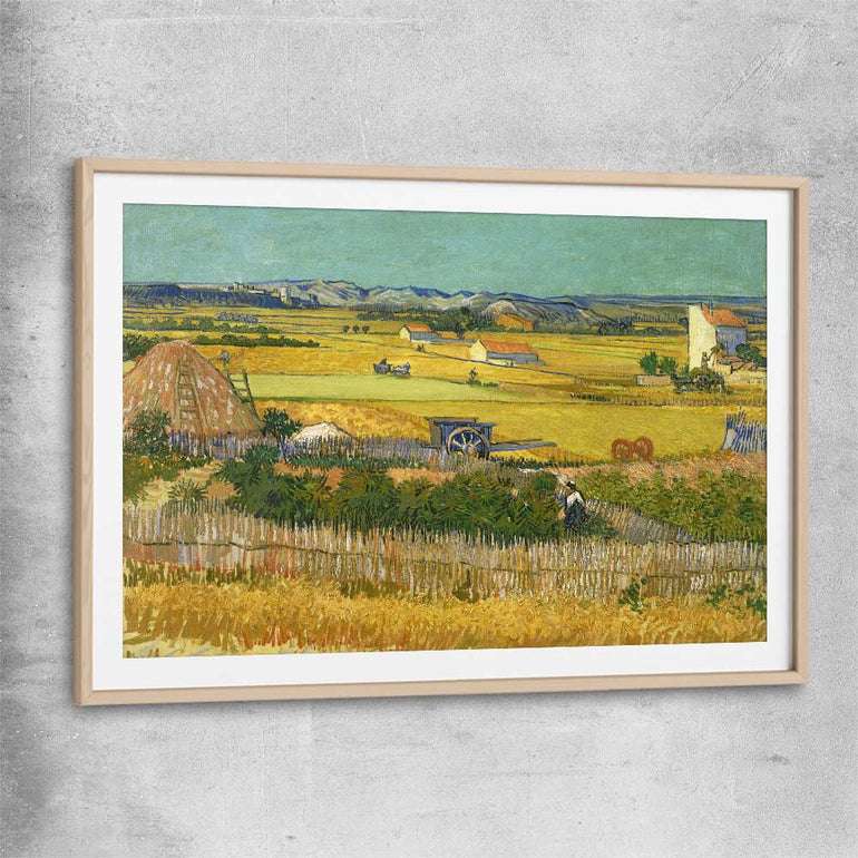 Classic wall art and canvas print of The Harvest Van Gogh with raw oak glass front frame