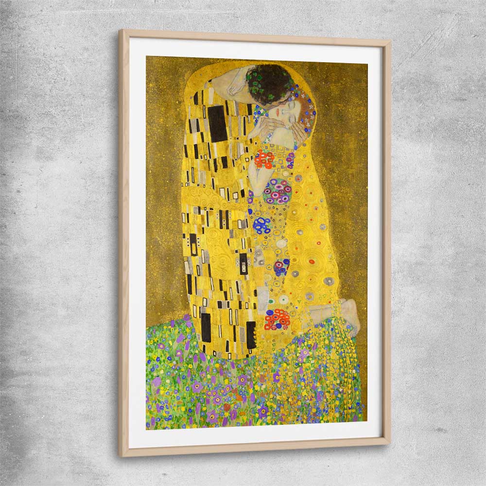 Classic wall art and canvas print of The Kiss Gustav Klimt with raw oak glass front frame