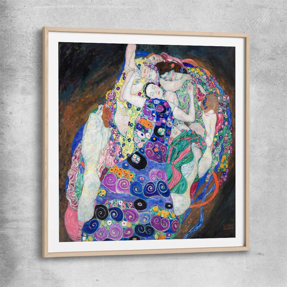 Classic wall art and canvas print of The Virgin Gustav Klimt with raw oak glass front frame