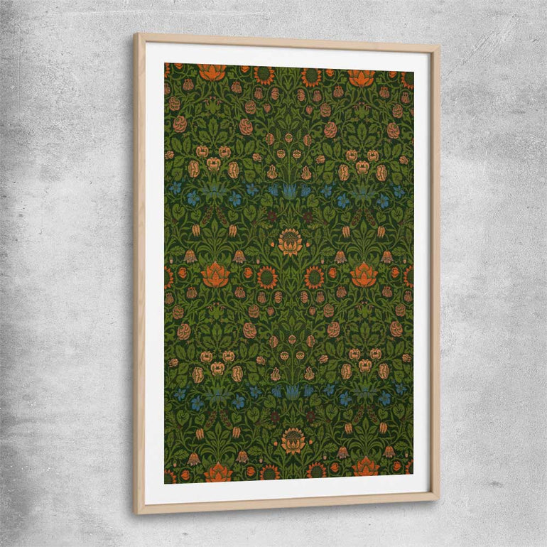 Classic wall art and canvas print of Violet Columbine William Morris with raw oak glass front frame
