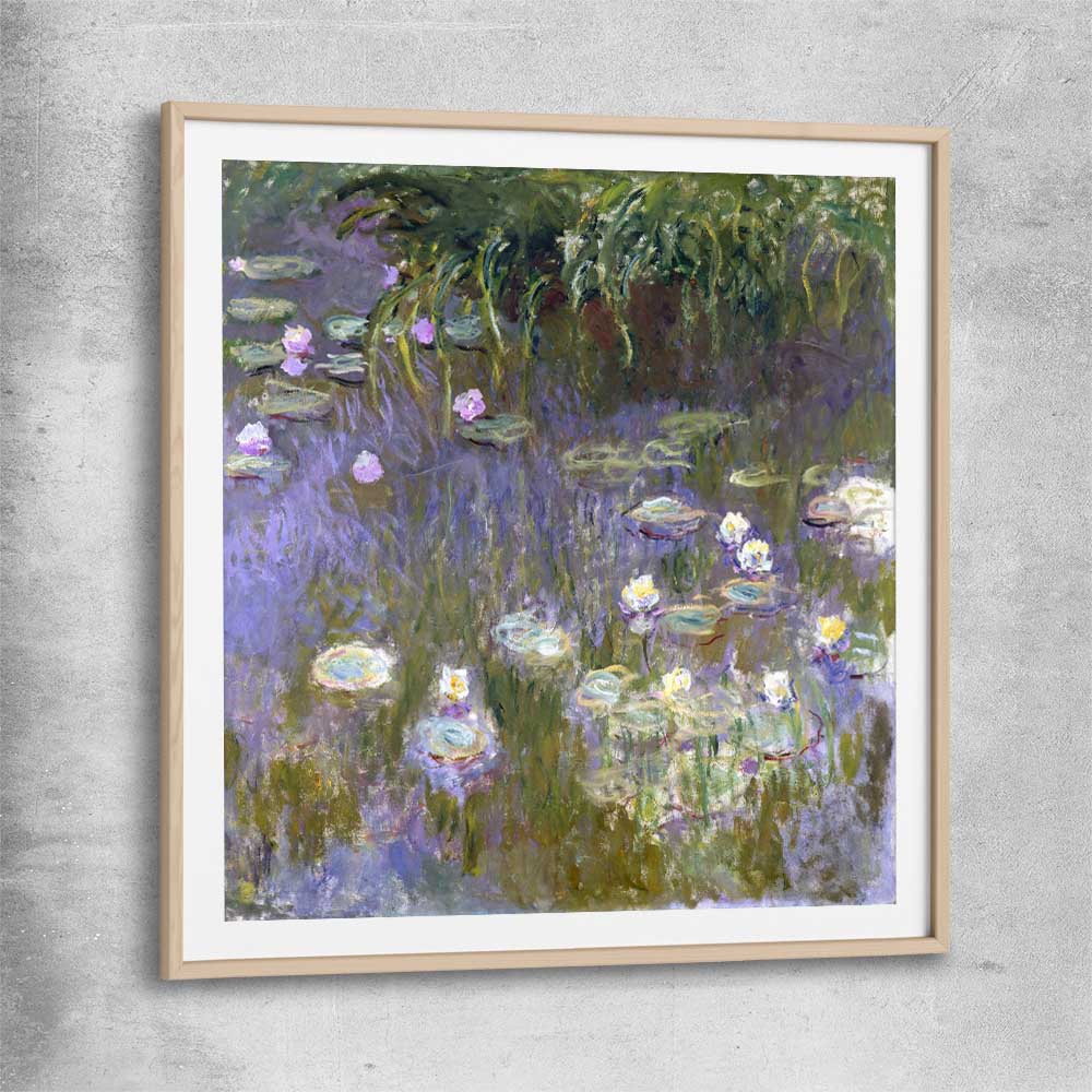 Classic wall art and canvas print of Water Lilies Claude Monet with raw oak glass front frame