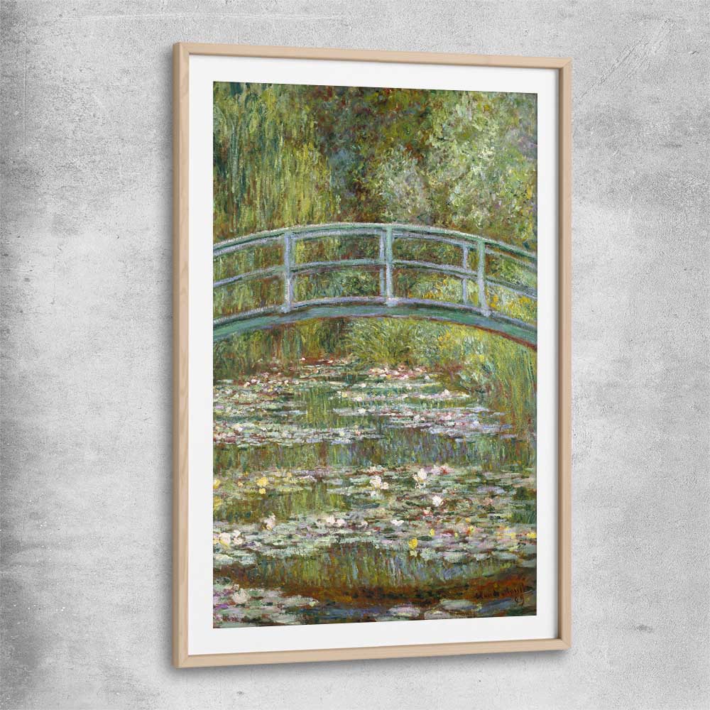 Classic wall art and canvas print of Water Lilies Pond Claude Monet with raw oak glass front frame