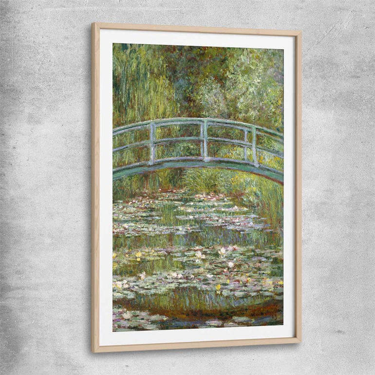 Classic wall art and canvas print of Water Lilies Pond Claude Monet with raw oak glass front frame