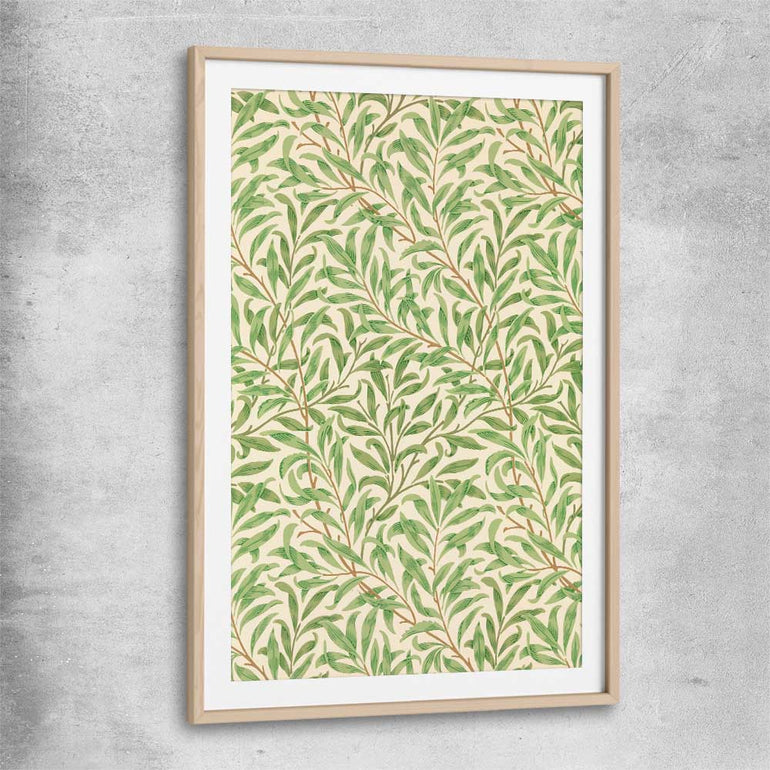 Classic wall art and canvas print of Willow Bough William Morris with raw oak glass front frame