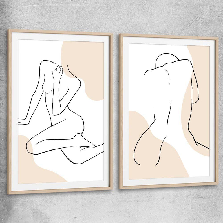 Beige Comfort Pair raw oak glass front frame - part of our high quality fashion canvas wall art and prints collection