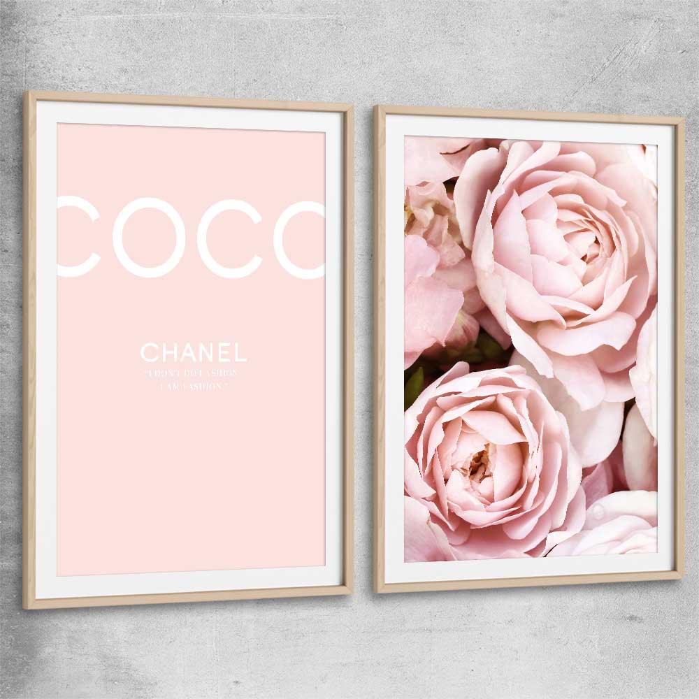 Coco Pink Pair raw oak glass front frame - part of our high quality fashion canvas wall art and prints collection