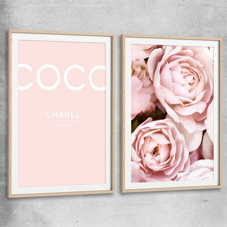 Coco Pink Pair raw oak glass front frame - part of our high quality fashion canvas wall art and prints collection
