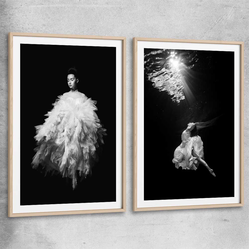 Evening Dress Pair raw oak glass front frame - part of our high quality fashion canvas wall art and prints collection