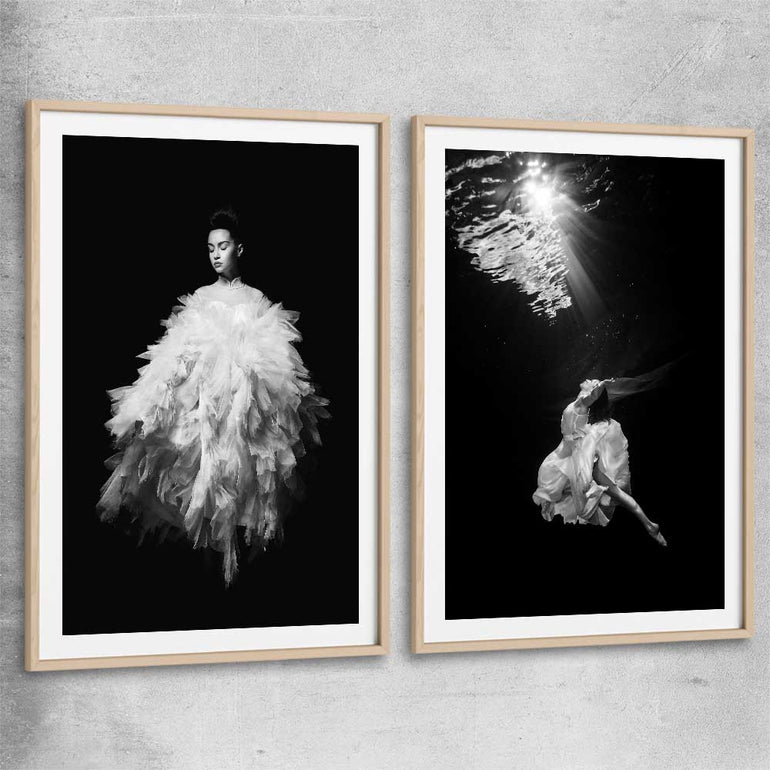 Evening Dress Pair raw oak glass front frame - part of our high quality fashion canvas wall art and prints collection