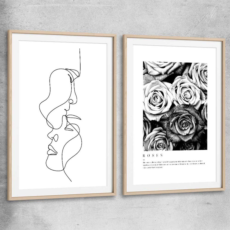 Grey Flowers Pair raw oak glass front frame - part of our high quality fashion canvas wall art and prints collection