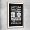 Inspirational wall art print of Crazy Ones with raw oak glass front frame