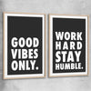 Inspirational wall art print of Good Vibes Pair with raw oak glass front frame