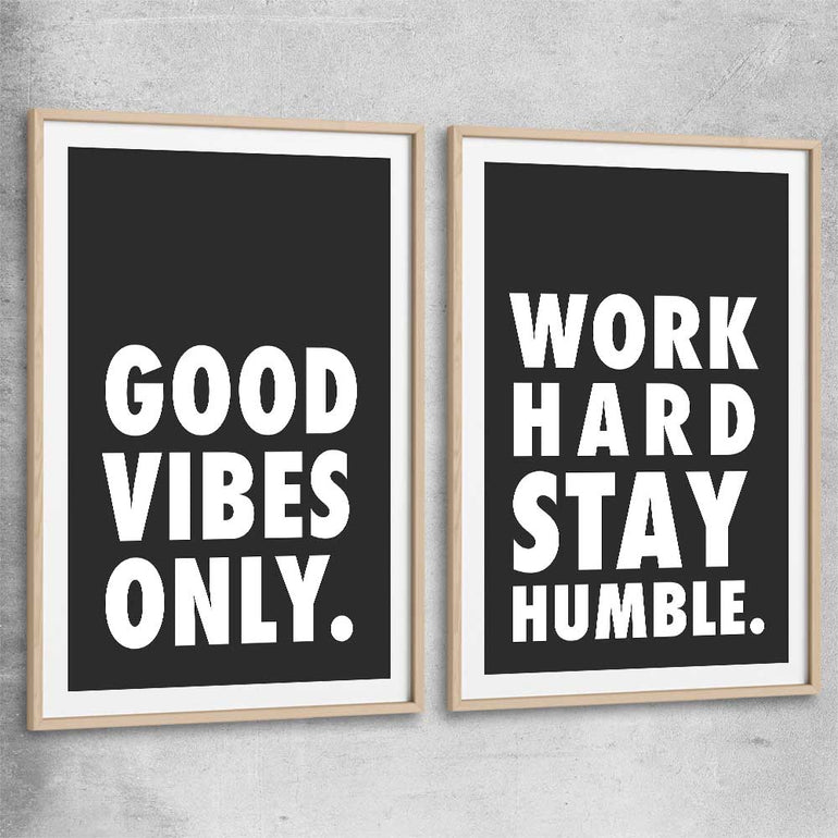 Inspirational wall art print of Good Vibes Pair with raw oak glass front frame