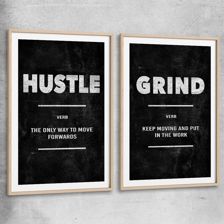 Inspirational wall art print of Hustle Definition Pair with raw oak glass front frame
