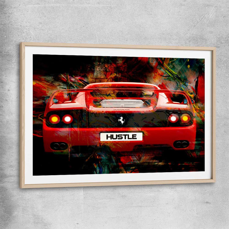 Inspirational wall art print of Hustle Fast with raw oak glass front frame