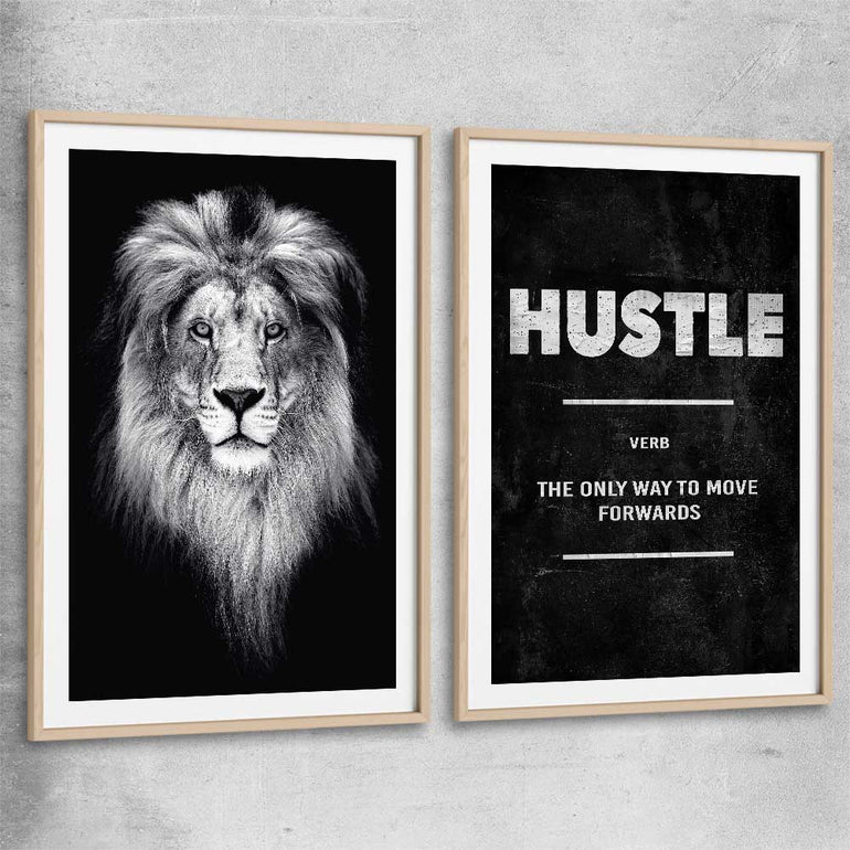 Inspirational wall art print of Lion Gaze Pair with raw oak glass front frame