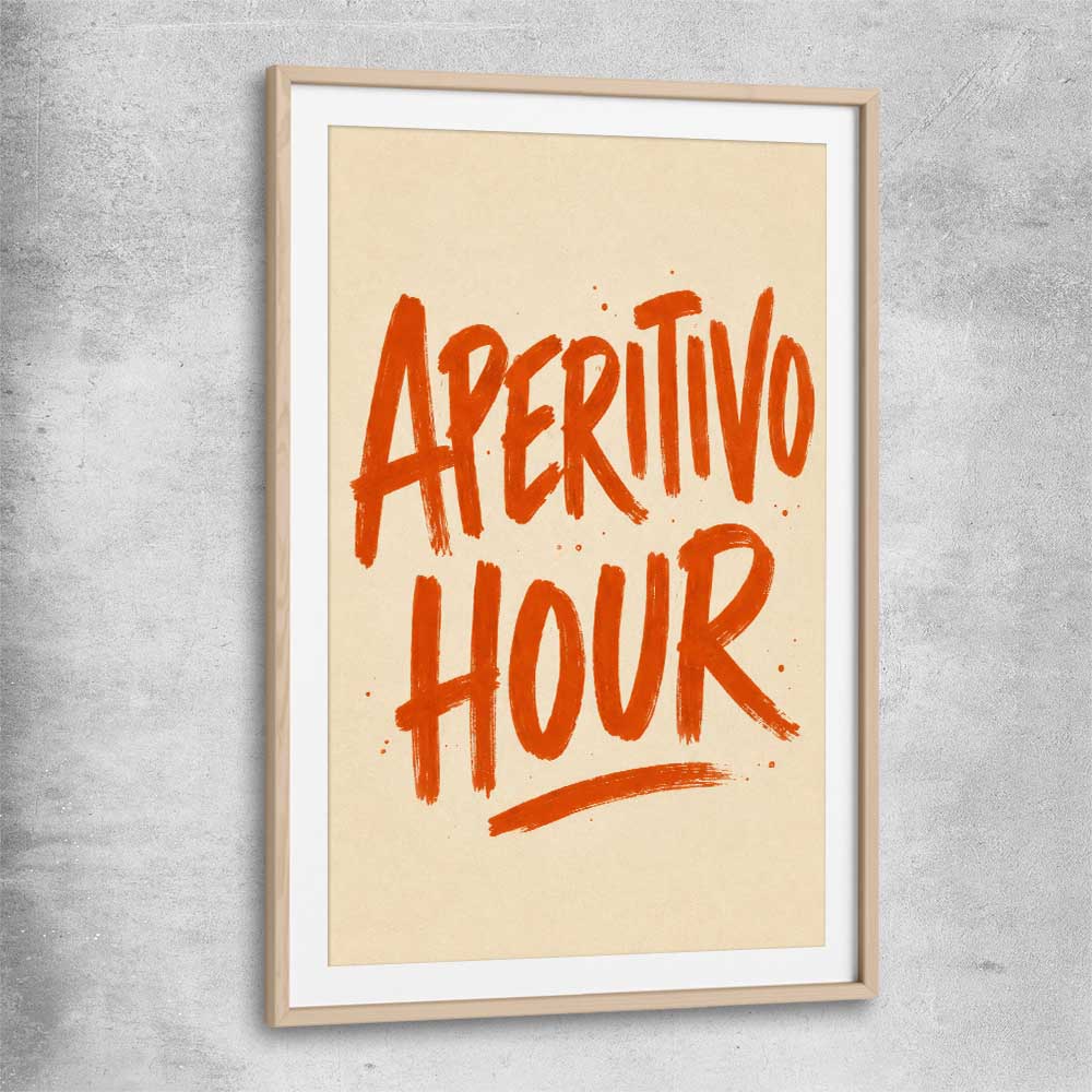 Aperitivo Hour raw oak glass front frame is a colourful and stylish canvas wall art and print suited for the kitchen area