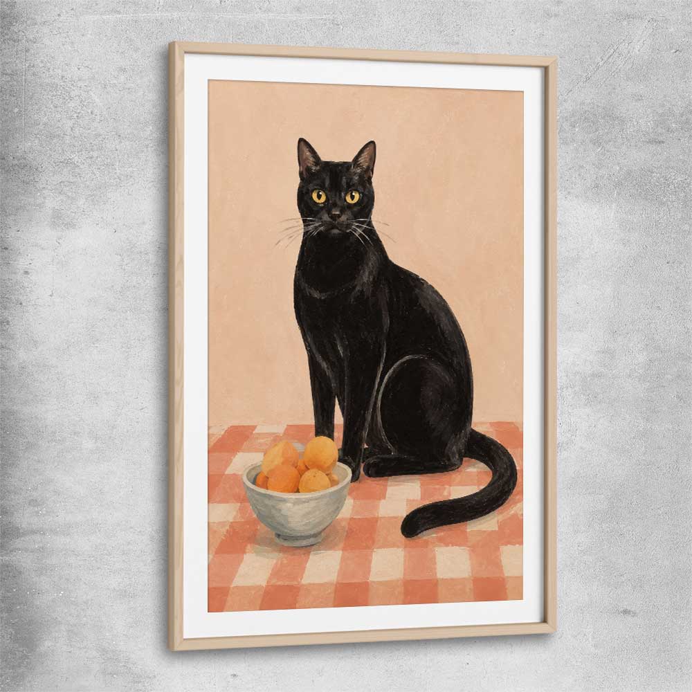 Black Cat and Peaches raw oak glass front frame is a colourful and stylish canvas wall art and print suited for the kitchen area