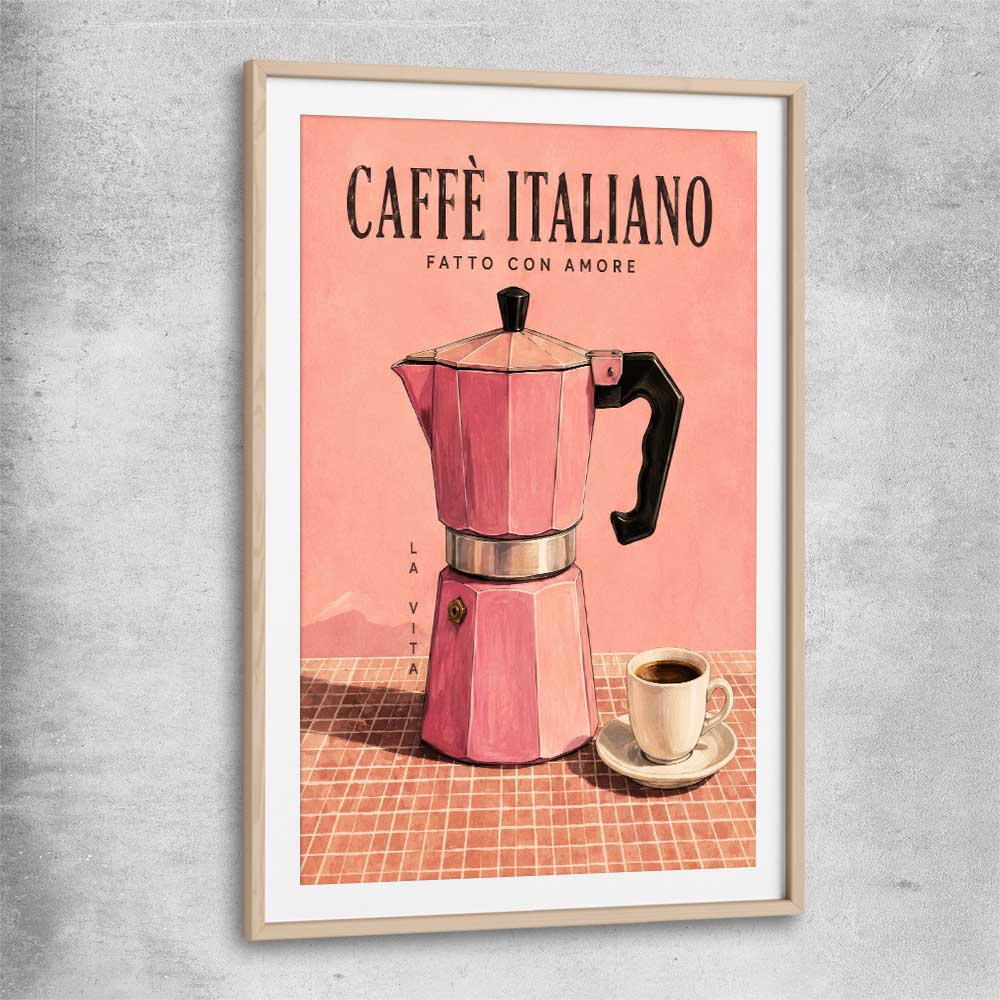 Caffe Italiano raw oak glass front frame is a colourful and stylish canvas wall art and print suited for the kitchen area