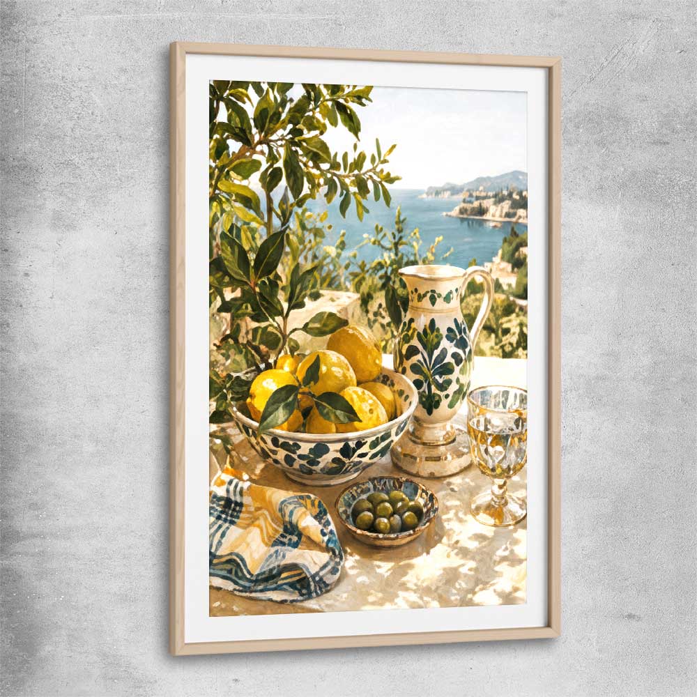 Citrus and Coast raw oak glass front frame is a colourful and stylish canvas wall art and print suited for the kitchen area