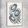 Coastal Indigo Oysters raw oak glass front frame is a colourful and stylish canvas wall art and print suited for the kitchen area