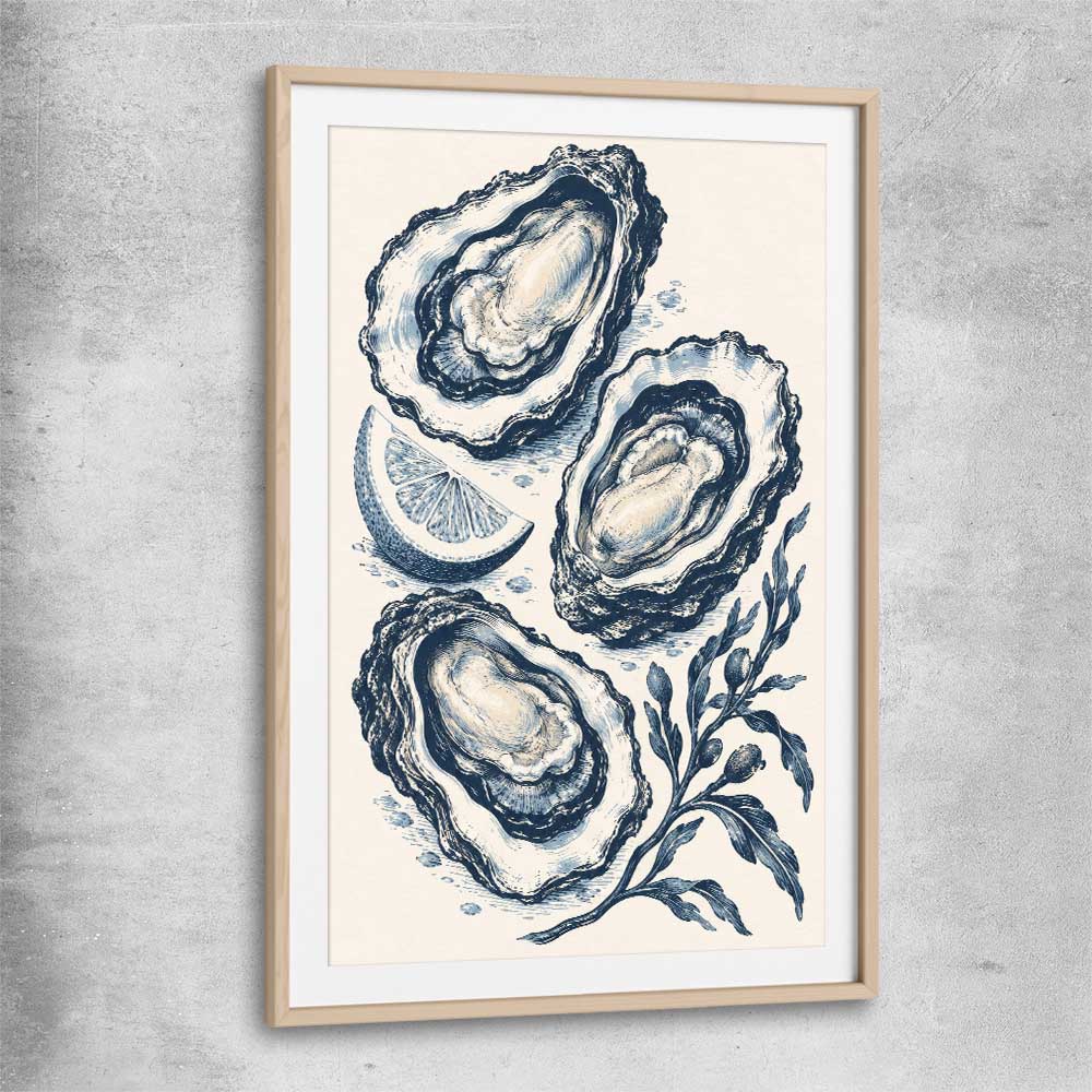 Coastal Indigo Oysters raw oak glass front frame is a colourful and stylish canvas wall art and print suited for the kitchen area