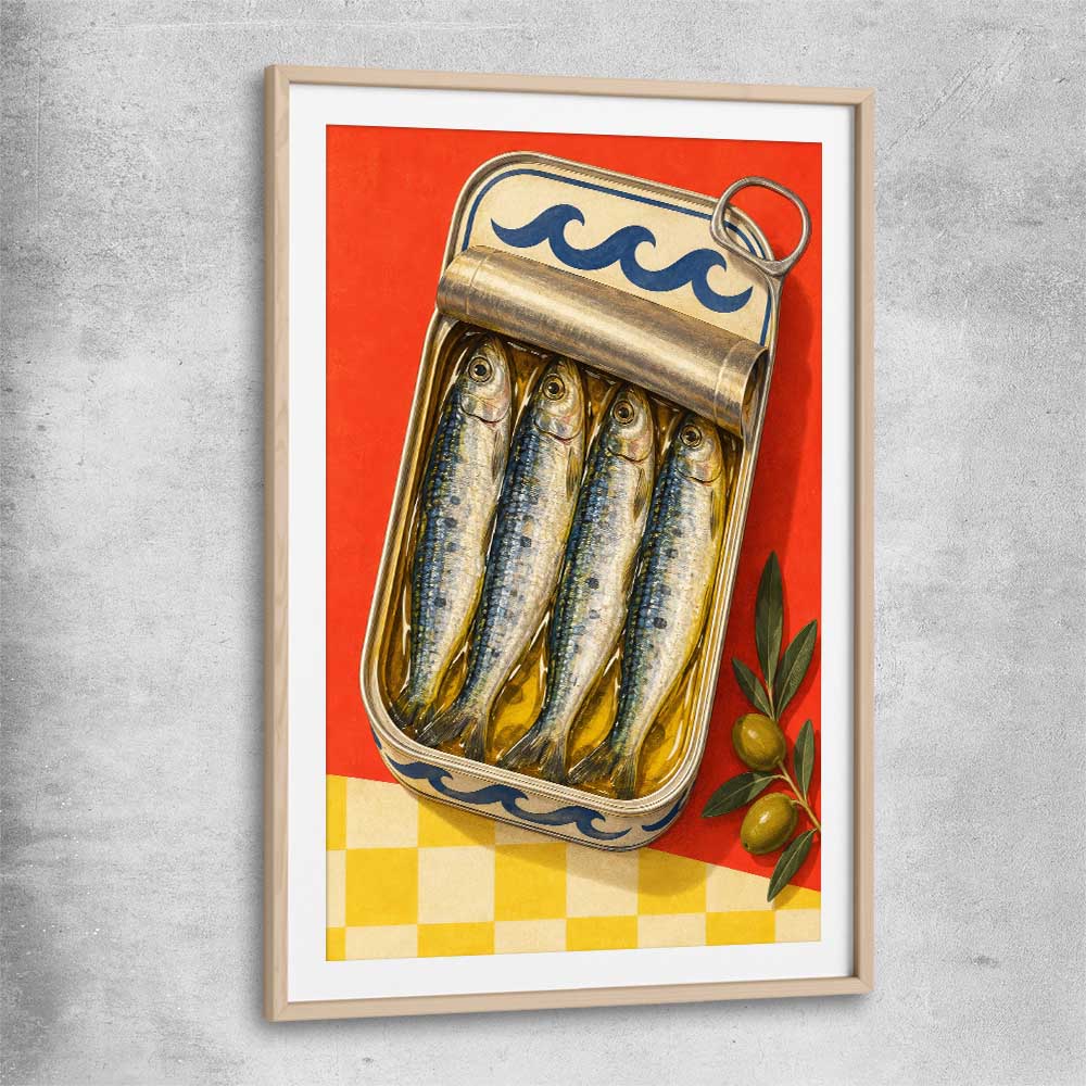 Golden Sardine Tin raw oak glass front frame is a colourful and stylish canvas wall art and print suited for the kitchen area