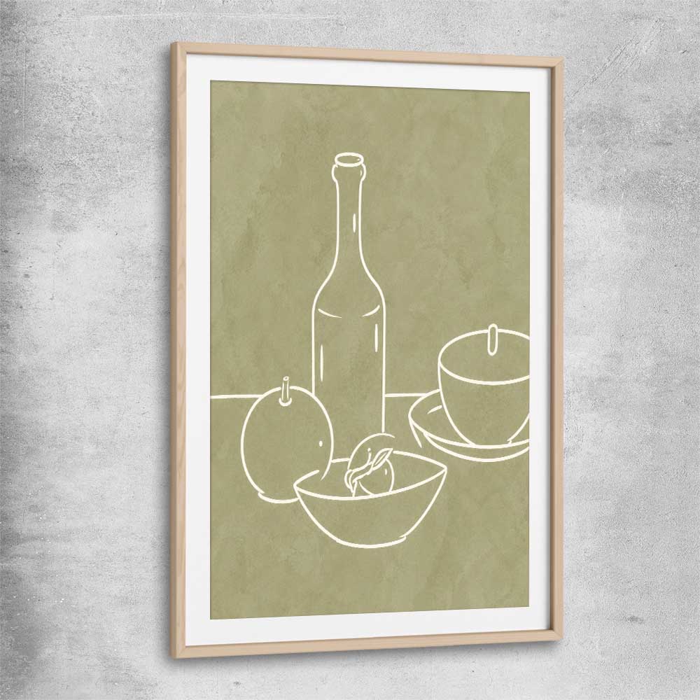 Green Bottle raw oak glass front frame is a colourful and stylish canvas wall art and print suited for the kitchen area