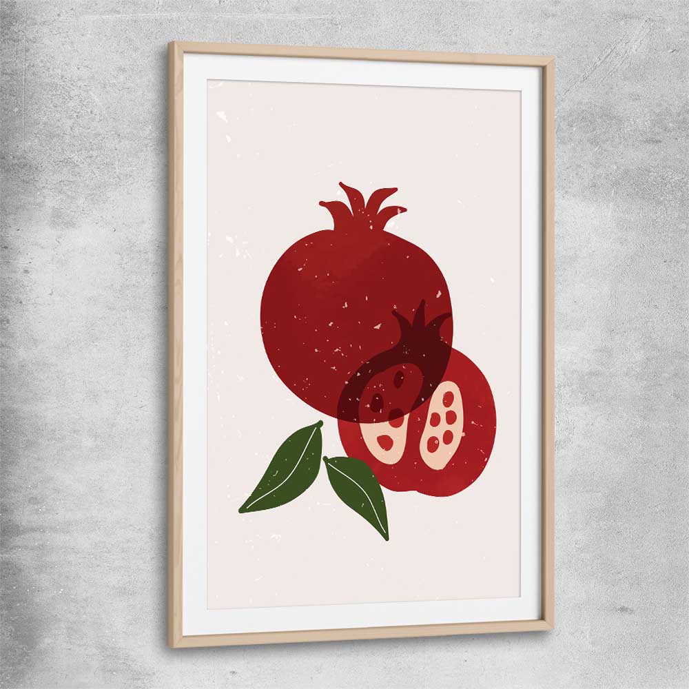 Red Pomegranate raw oak glass front frame is a colourful and stylish canvas wall art and print suited for the kitchen area