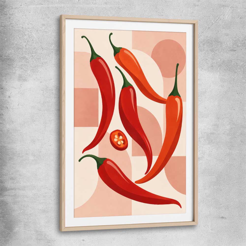 Scarlet Chilli Rhythm raw oak glass front frame is a colourful and stylish canvas wall art and print suited for the kitchen area