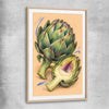 Sculptural Artichokes raw oak glass front frame is a colourful and stylish canvas wall art and print suited for the kitchen area