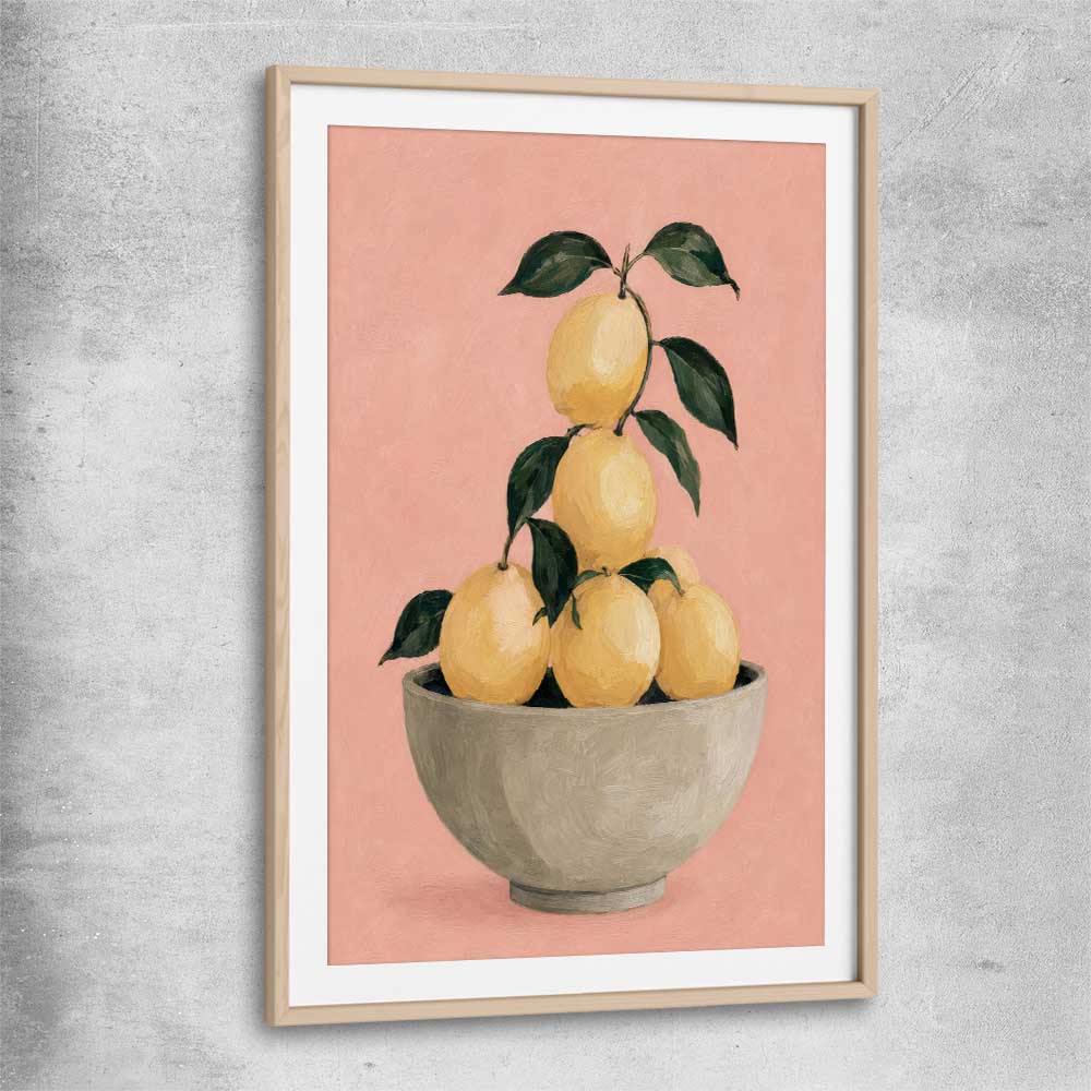 Sicilian Lemons raw oak glass front frame is a colourful and stylish canvas wall art and print suited for the kitchen area