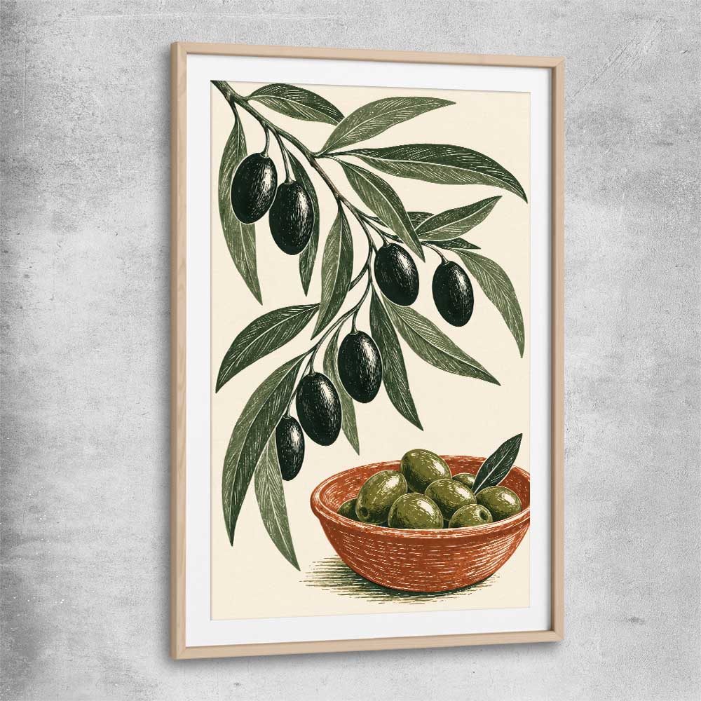 Terracotta Olive Branch raw oak glass front frame is a colourful and stylish canvas wall art and print suited for the kitchen area