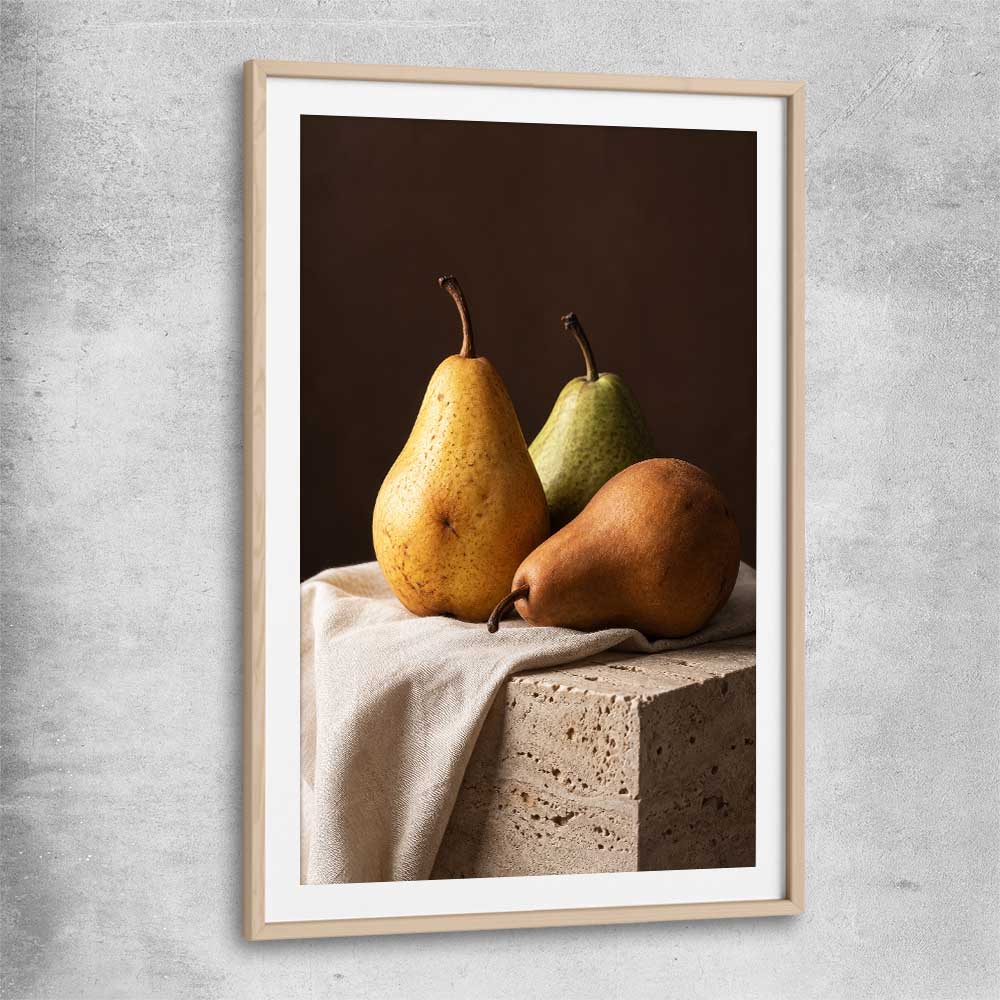 Three Pears raw oak glass front frame is a colourful and stylish canvas wall art and print suited for the kitchen area