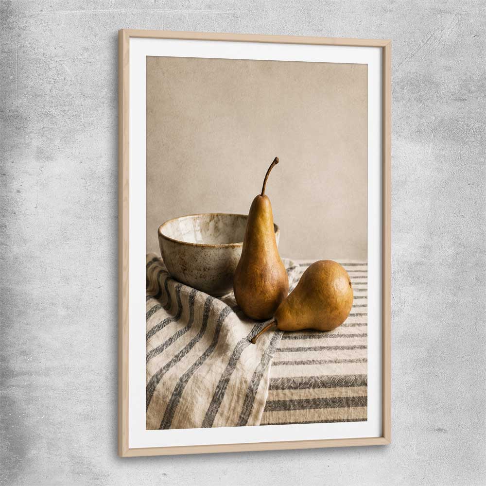 Tuscan Pears raw oak glass front frame is a colourful and stylish canvas wall art and print suited for the kitchen area