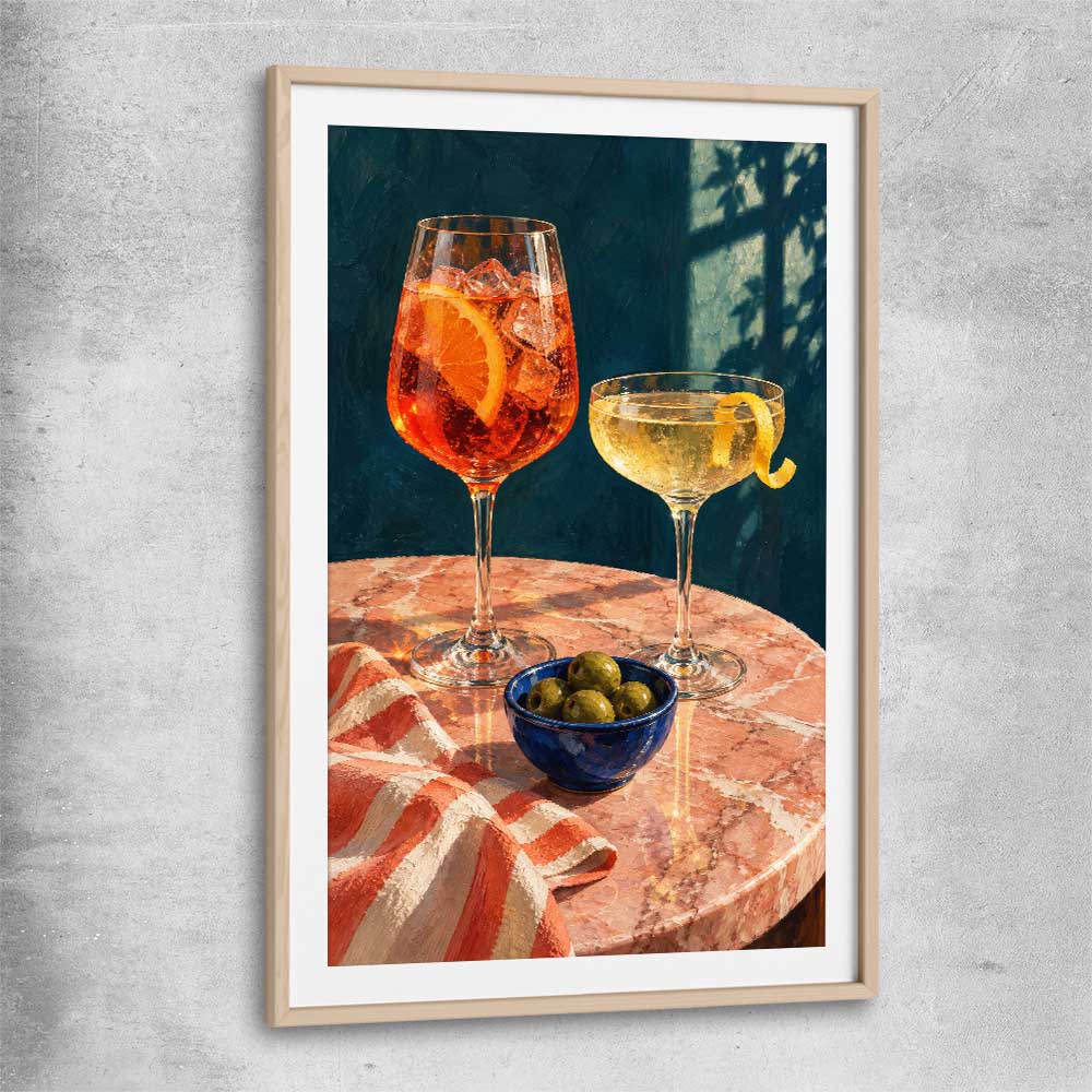Twilight Aperitivo raw oak glass front frame is a colourful and stylish canvas wall art and print suited for the kitchen area