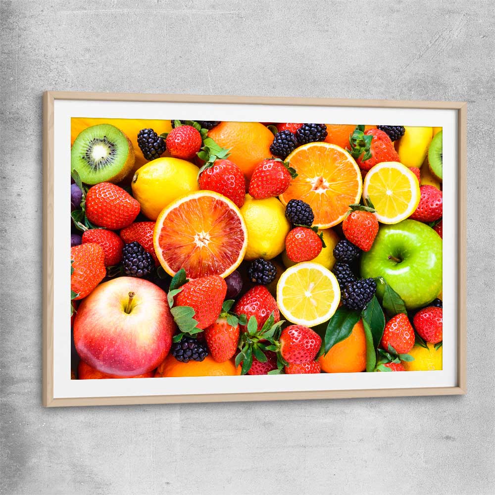Vibrant Fruit Medley raw oak glass front frame is a colourful and stylish canvas wall art and print suited for the kitchen area