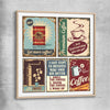 Vintage Coffee Collection raw oak glass front frame is a colourful and stylish canvas wall art and print suited for the kitchen area