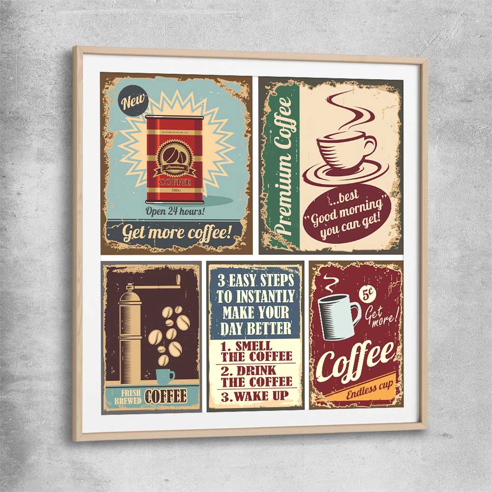 Vintage Coffee Collection raw oak glass front frame is a colourful and stylish canvas wall art and print suited for the kitchen area