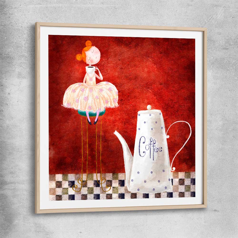 Whimsical Kitchen Life raw oak glass front frame is a colourful and stylish canvas wall art and print suited for the kitchen area
