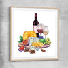 Wine and Cheese Feast raw oak glass front frame is a colourful and stylish canvas wall art and print suited for the kitchen area