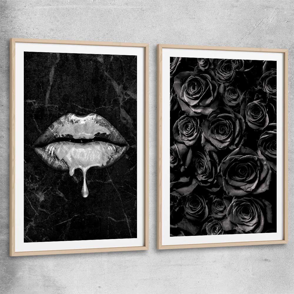 Darkened Lust Pair raw oak glass front frame - part of our high quality canvas lips wall art collection