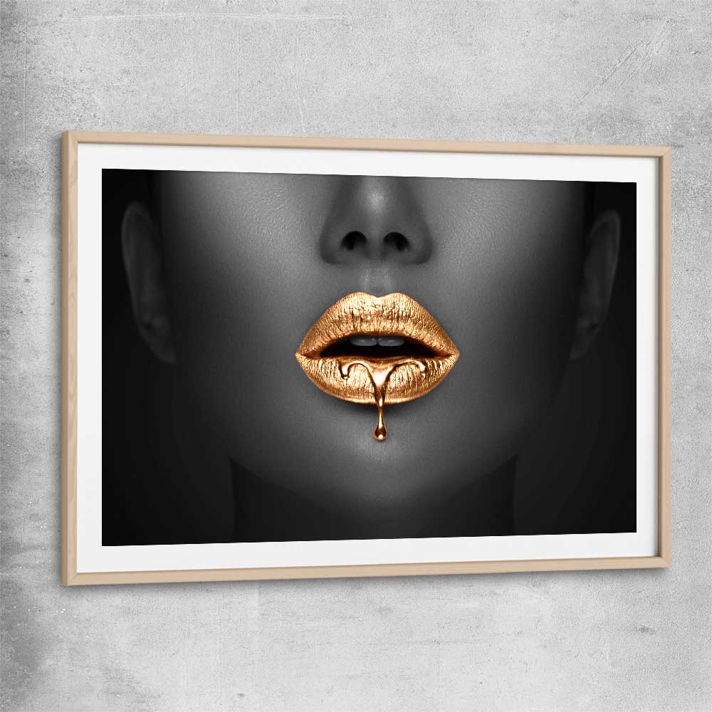 Dripping Elegance raw oak glass front frame - part of our high quality canvas lips wall art collection