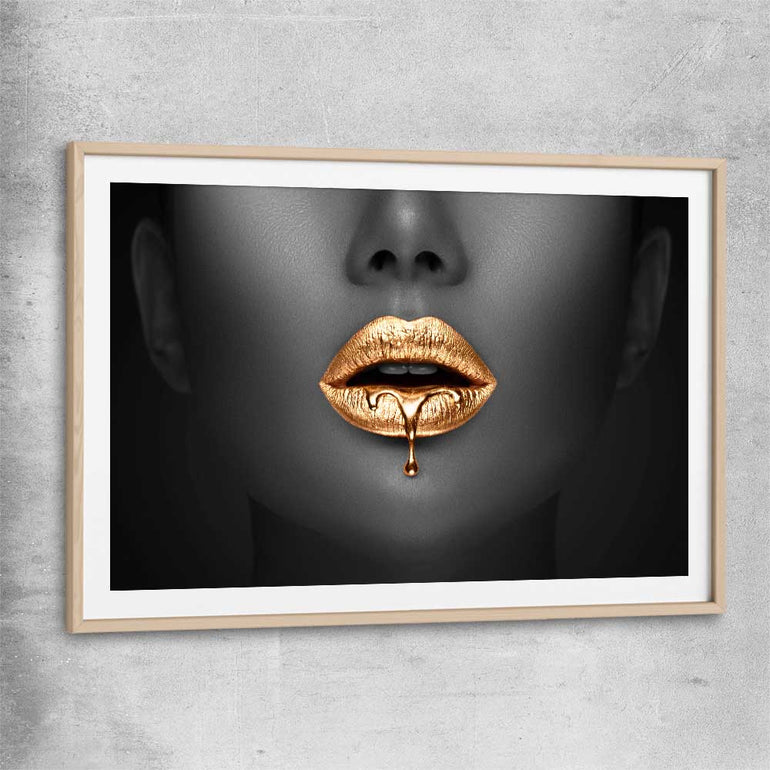 Dripping Elegance raw oak glass front frame - part of our high quality canvas lips wall art collection