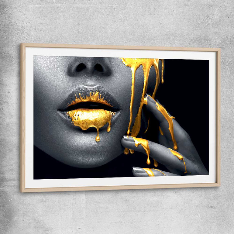 Golden Desire raw oak glass front frame - part of our high quality canvas lips wall art collection